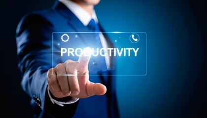 Close-up of a businessman in a blue suit interacting with a virtual productivity interface on his finger against a dark blue background with a shallow depth of field and cinematic lighting.