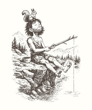 Hand Drawn Prehistoric Fisherman Vector Illustration in Vintage Engraving Style, Black and White Ancient Human Fishing Scene in Nature