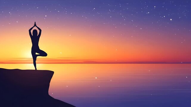 Silhouette of a woman practicing yoga on a cliff at sunset over the ocean.