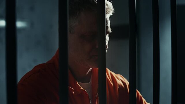Middle-aged man serving sentence behind prison bars, criminal punishment