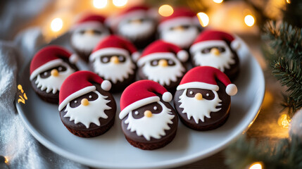 Close-up of a plate of mini Santa Claus cakes decorated with red fondant hats, white icing beards, and chocolate buttons, surrounded by soft, glowing fairy lights 