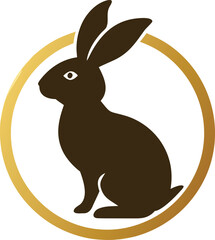 Obraz premium Brown rabbit silhouette sitting in golden circle logo on white