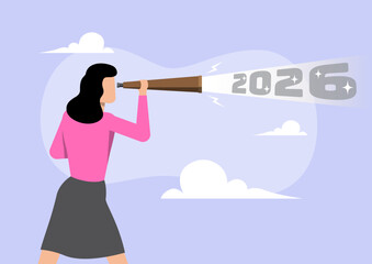 Businesswoman looking through a telescope at the year 2026. Future planning, vision, and goal-setting concept