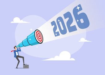 Businessman looking through a telescope at the year 2026. Future planning, strategic vision, and targeting success concept
