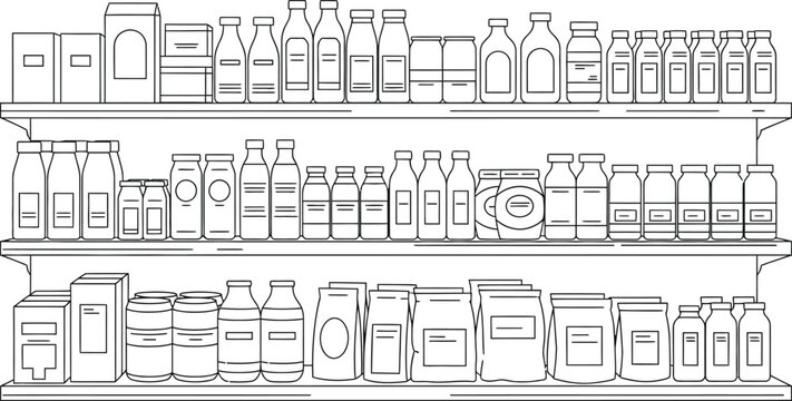 Grocery store shelf illustration, line art, pantry items, milk bottles, jars, containers, dry goods organization, food storage