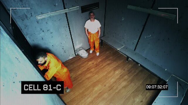 CCTV footage of two male inmates in jumpsuits serving time inside prison cell