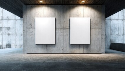 Modern concrete gallery space with two blank, illuminated white canvases