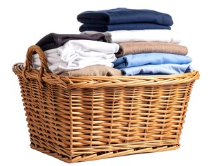 A wicker laundry basket is filled with stacks of folded clothing, featuring various colors and textures