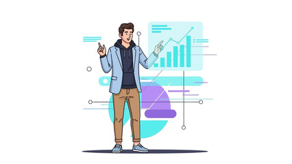 Young Male Business Professional Analyzing Data and Graphs in a Modern Digital Environment