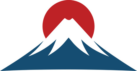 Stylized mount fuji icon with red rising sun and snowcap on white