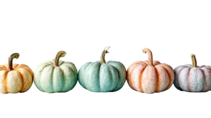 Arrangement of pastel pumpkins in a row for autumn crop decoration minimalist isolated on white background