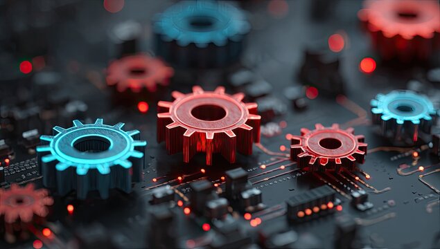 Close-up view of glowing blue and red gears on a circuit board - Powered by Adobe