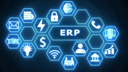 Enterprise Resource Planning ERP system concept with glowing icons and digital network background business - Powered by Adobe