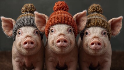 Adorable trio of piglets wearing colorful knitted pom-pom winter hats.