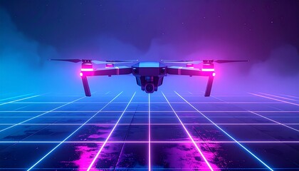 Futuristic drone silhouette floating above glowing neon grid with cyber style lighting and dark background. Ideal for AI, cyber technology, digital future, innovation, and sci fi concepts.