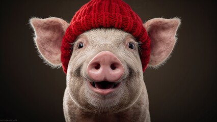 Funny happy piglet portrait wearing a red knitted wool winter beanie hat.