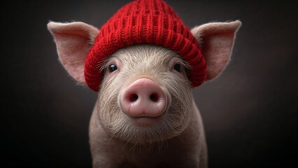 Adorable piglet wearing a funny red knitted beanie hat studio portrait.