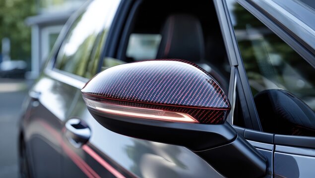 Close-up of a car's side mirror with a carbon fiber-like wrap