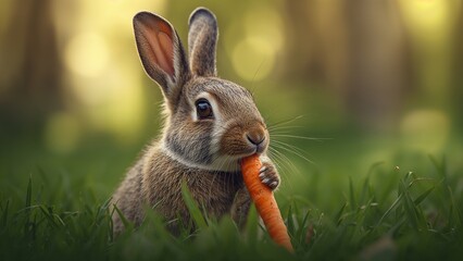 Adorable wild bunny rabbit eating a fresh carrot in sunny green meadow.