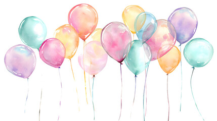 A colorful arrangement of watercolor balloons in various shades, creating a festive and cheerful atmosphere
