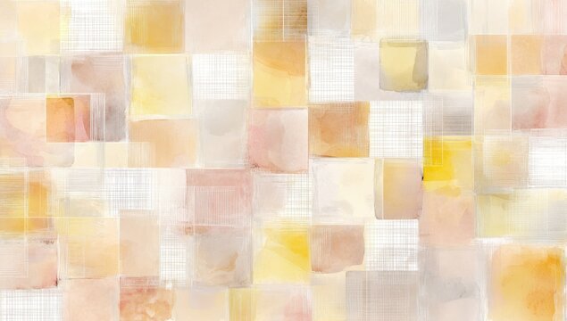 Abstract watercolor composition, featuring overlapping squares in pastel hues with delicate grid overlay