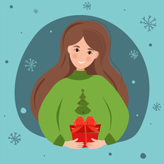 A girl gives a gift for Christmas.