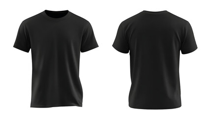 A plain black t-shirt displayed from the front and back views, suitable for clothing mockups or fashion presentations on white background