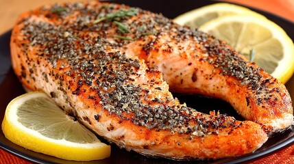 Dark studio overhead of seared salmon fillet and lemon on black ceramic plate, deep gray backdrop, copy space, ideal for magazine spread, brand poster, cookbook insert