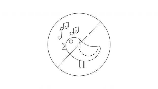 A black and white outline of a no singing bird sign showing a bird with musical notes inside a circle with a diagonal line through it