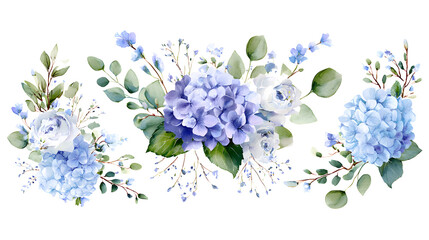 A beautiful arrangement of blue and white flowers, including roses and hydrangeas, with green leaves, creating a soft and elegant floral design isolated on white background