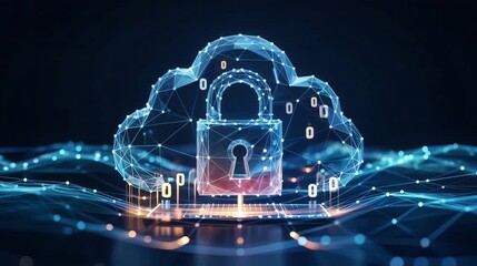 Glowing blue digital cloud security padlock with binary data network
 - Powered by Adobe