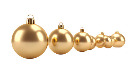 Golden Christmas ornaments hanging against a white background