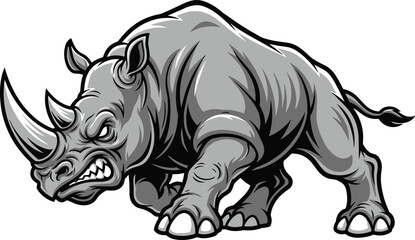 Aggressive rhinoceros mascot, fierce cartoon rhino charge, bold wild animal logo, muscular horned beast stance - flat vector illustration © Creative_mind 