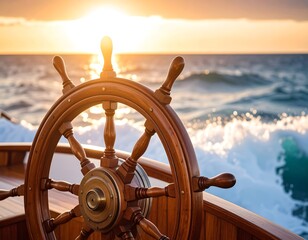 Wooden ship's steering wheel in focus, with waves and the setting sun visible in the background, creating a scenic vista