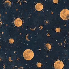 Dark blue night sky pattern filled with moons, stars, and celestial symbols.