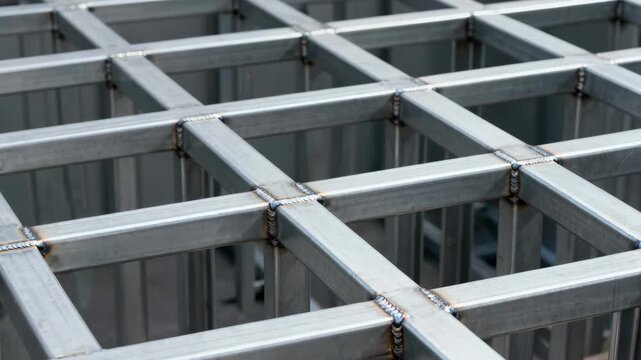 Medium shot of square steel tube framing showcasing clean precise welds and modular construction for industrial strength and versatility.