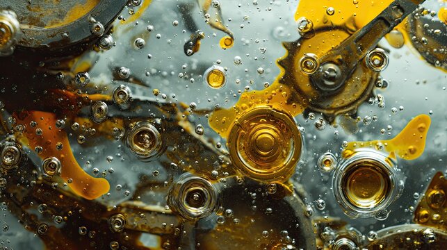 Abstract image of gears and cogs submerged in lubricant with bubbles. Industrial machinery concept for engineering and maintenance solution.