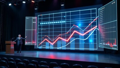 Corporate conference stage with holographic animated growth chart.