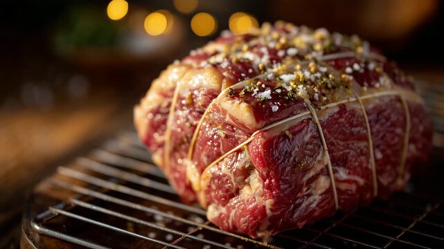 145Beef roast tied neatly with string on rack, sprinkled with salt and cracked pepper, golden natural light highlighting marbling and texture, rustic kitchen background adding cozy am