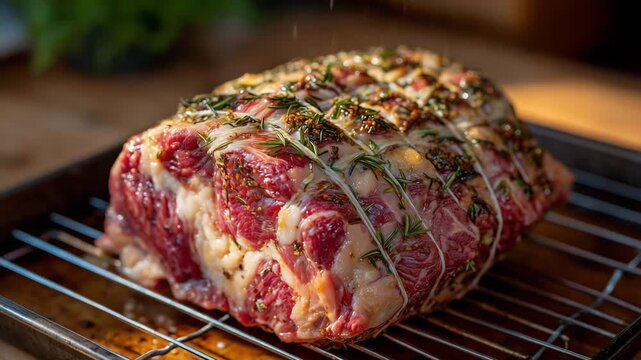 146Side view of seasoned beef roast tied neatly with string, placed on roasting rack, natural kitchen light casting soft shadows and highlighting marbled textures