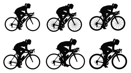 Six black silhouettes of female road cyclists 