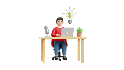 Man Working on Laptop with Idea Bulb and Microphone