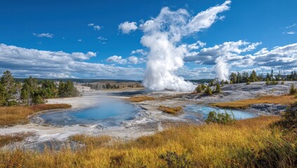 Geothermal landscape with hot spring and steam