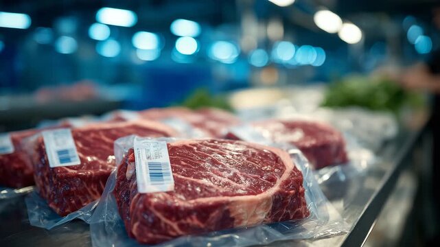 158Close-up of vacuum-sealed beef steaks on stainless steel table, labels visible, fluorescent lights above highlighting rich red meat tones and shiny packaging, industrial food plant