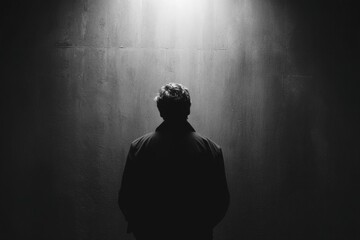 A grayscale image of a person standing facing away from the camera, bathed in light from a spotlight above