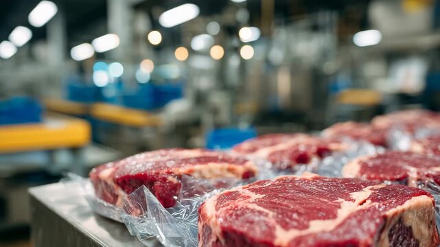 164Rows of beef steaks in sealed packaging on stainless steel table, overhead fluorescent lights creating reflections, industrial plant interior softly blurred for context