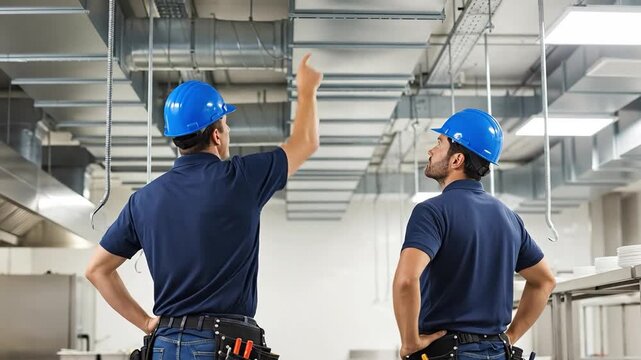 Two Male HVAC Technicians Working in a Commercial Kitchen Environment with Ductwork