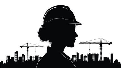 Female construction worker silhouette against city skyline 
