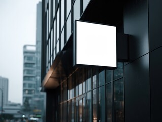 Blank square sign on modern building facade