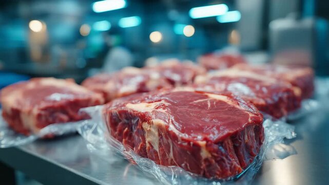 169Medium shot of beef steaks in plastic packaging on stainless steel table, fluorescent lights casting soft reflections, clean industrial food production setting